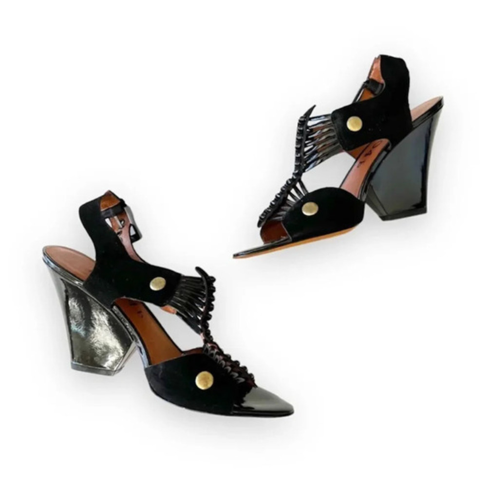 No. 704b Digna Black Suede‎ Caged Heels Wedge Size 37.5 Anthropologie Gold Luxe
